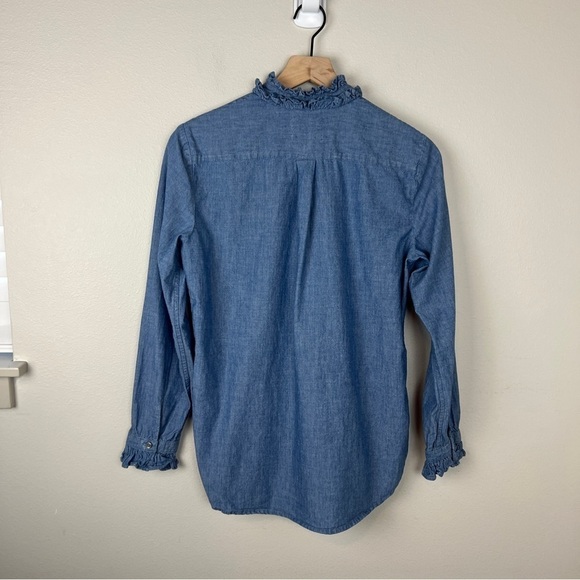 J Crew Classic Fit Chambray Ruffle Neck Shirt - Picture 3 of 6